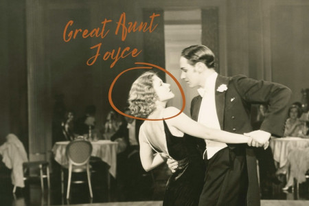 black and white photo of man and woman in formal clothes dancing and the handwritten note pointing to the woman saying "great aunt Joyce"