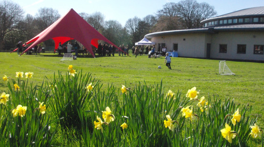 Birkenhead Park with close up of daffodils and in the distance big red gazebo with easter activities taking place