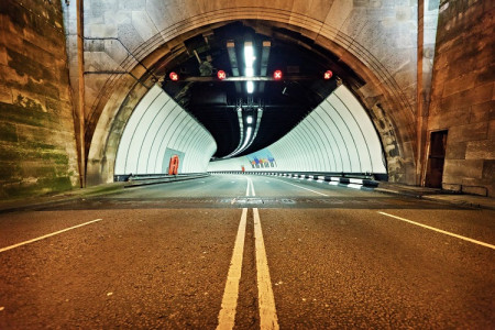 image shows entrance to Queensway - Birkenhead - tunnel at night