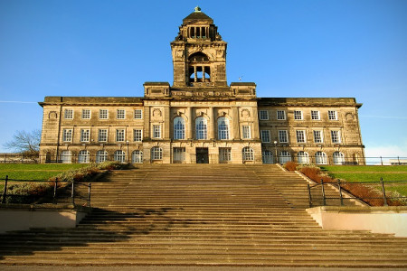 Wallasey town hall taken from the promenade with the steps leading up in the foreground