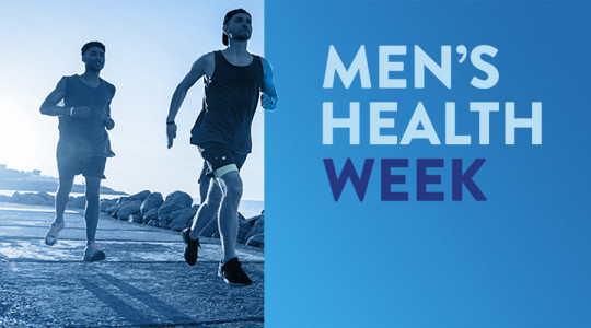 Two men running forward in picture. Blue bacagroung with text "Mens Health Week'