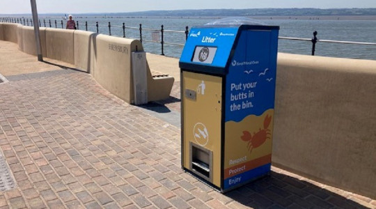 One of the new solar bins near the flood wall at West Kirby