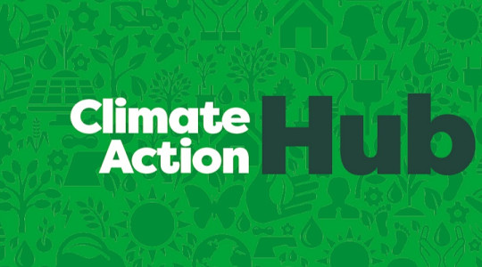 Climate Action Hub graphic - a green background with icons representing all the things that impact the climate with text saying 'Climate Action Hub'