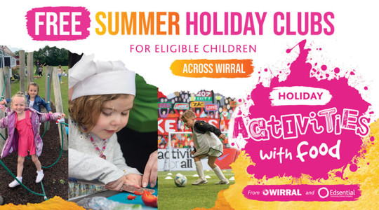 Free Summer Holiday Clubs across Wirral - triptych image 2 young girls on activity frame, young girl wearing white chef hat preparing food and young boy playing football 