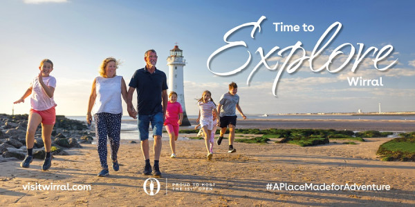 family running along sand from New Brighton lighthouse with the words "Time to Explore" above them and the logos of Wirral Council and The Open