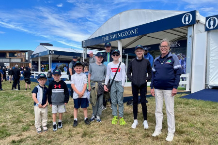 members of Wirral golf academy with academy founder Angela Dale (right) outside the Swing Zone at The Open in Hoylake 2023