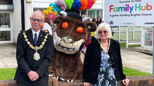 Mayor and Mayoress of Wirral outside Family Hub Seacombe with the Gruffalo character