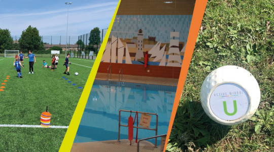Picture with three images of children's football, swimming pool and golf