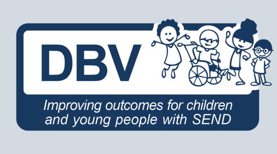 Dark blue illustration of children waving and the text reads, Improving outcomes for children and young people with SEND 