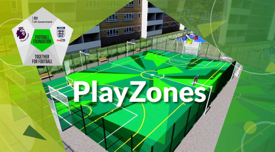 Graphic image with a CGI representation of what a playzone could look like. The Football Foundation is in the top left corner.