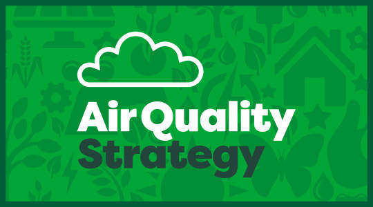 Green graphic image with flower, butterfly and house icons in the background. White text in foreground reads 'Air quality strategy'.
