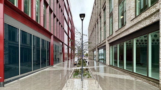 view of new Mallory and Irvine buildings in Birkenhead