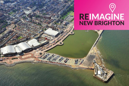 aerial image of New Brighton showing Marine Promenade from the Floral Pavilion, plus the Marine Lake, and the words in top right corner saying: Re-imagine New Brighton