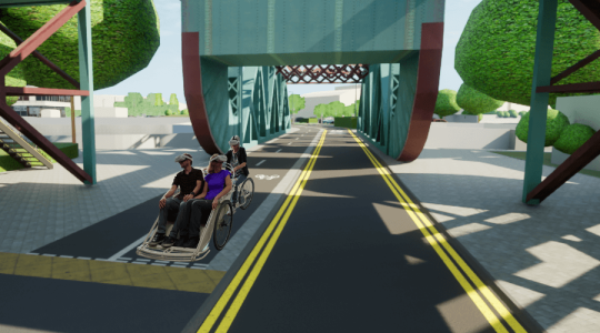 A 3D model view of a section of the proposed route, Edgerton Birdge, would look like with people imposed onto the image wearing Virtual Reality Headsets.