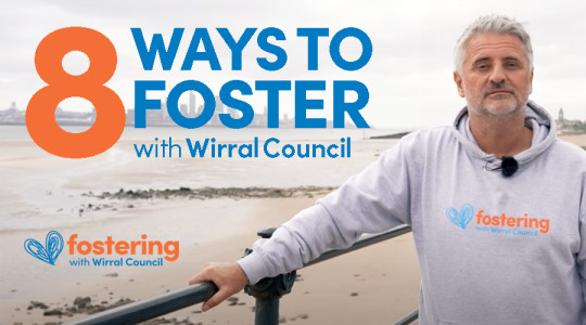 Neil from the fostering team is leaning on a railing, behind him is a beach and river views, the words '8 ways to foster' are to his left