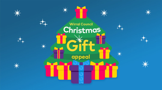 Graphic of a Christmas tree and presents with the words Wirral Christmas Gift Appeal