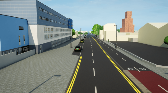 A 3D model image of what Cleveland Street could look like - buildings on the left and right, with the road in the centre, there are yellow lines up half of the left side as well as space for parking and a dedicated cycle lane on right hand side of the road. 