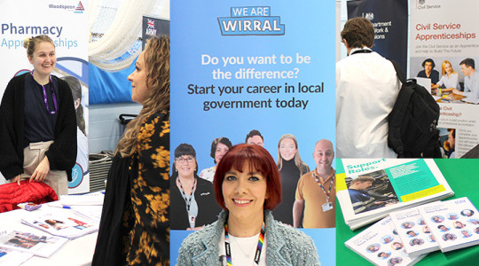 Montage of images from the event - people standing infront of their stands from Pharmacy Apprenticeships, We Are Wirral - Local government stand, student looking at Civil Service stand