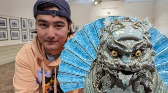 Jacob Chan with his own 'foo dog' exhibit
