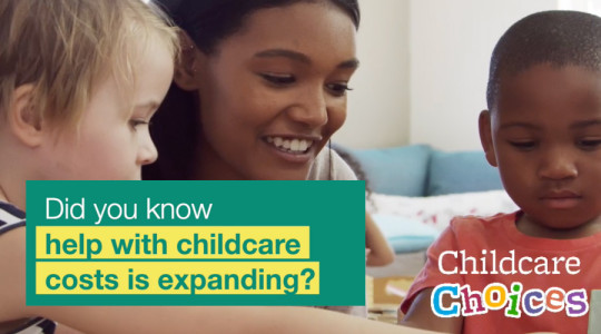 A woman sitting in between two children at play - text overlaying image says Do you  know help with childcare costs is expanding?