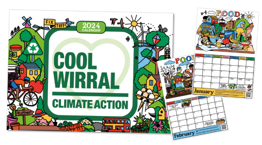Preview of the Climate Challenge calendar - front cover and inside spread for January and February