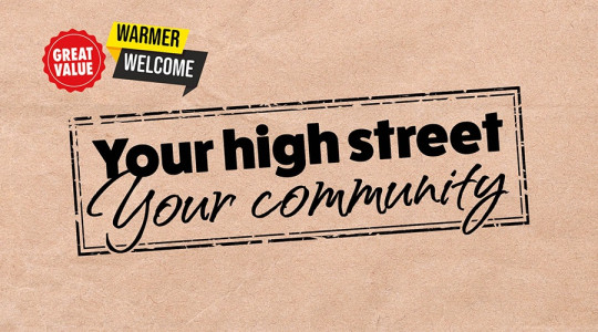 graphic with brown paper bag effect saying "your high street Your community"