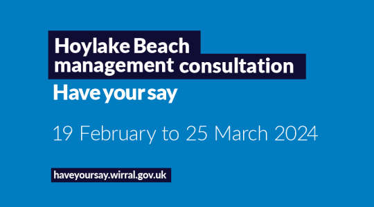 Blue background and text that reads, Hoylake Beach Management consultation. Have your say. 19 February to 25 March 