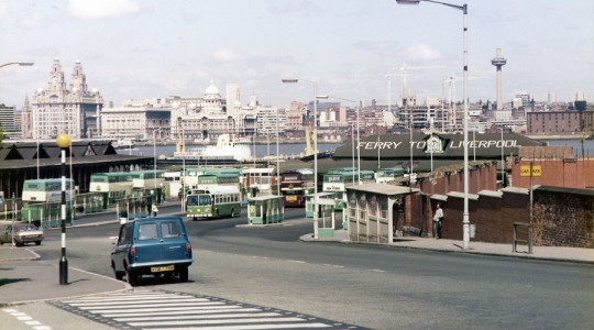 view towards Woodside showing buses and 3 graces in background, probably mid to late 20th century