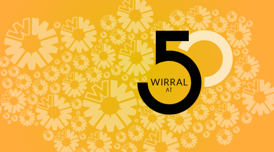 Graphic which includes the Wirral wheel logo and the words Wirral at fifty
