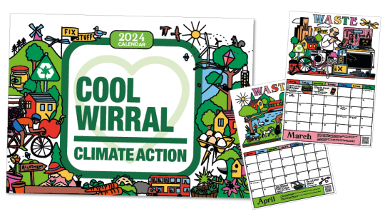 Graphics of the front of the Cool Climate Challenge Calendar with the 'March' and 'April' pages with the theme waste visible