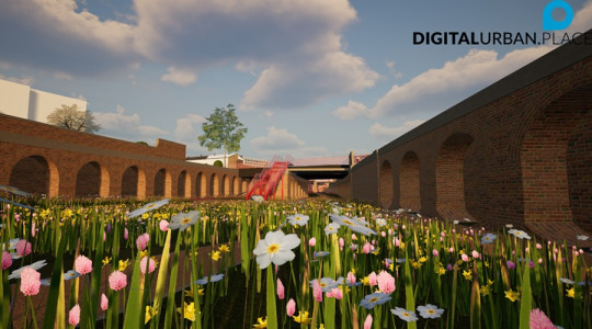 artist representation of how dock branch park could look. Shows flowers in the foreground with a grassed area, adjacent to railway arches on either side. A red staircase can be seen at the back for access to the park