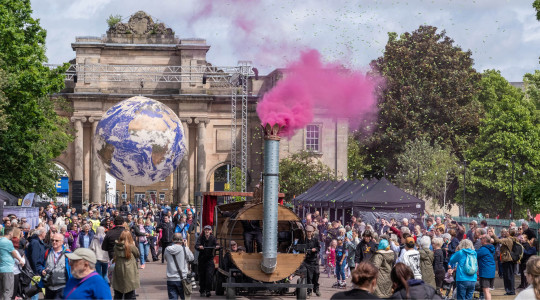 People powered rocket in front of Gaia at Birkenhead Park