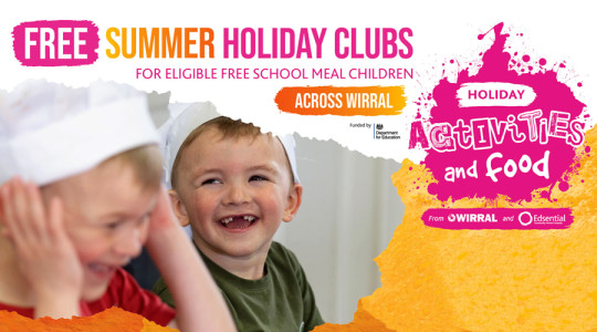 Graphic with picture of two boys in chefs hats and the words Free Summer Holiday Clubs