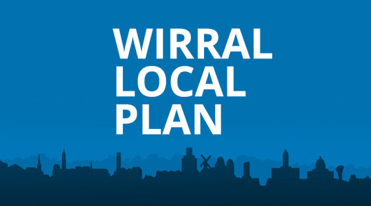 White text on blue background reads 'Wirral local plan', a silhouette of a Wirral skyline acts as a backdrop