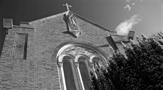 Close up of the chapel at Landican Cemetery and Crematorium in black and white