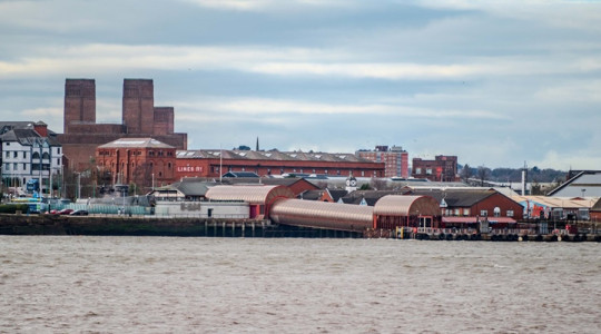 view of woodside landing stage from river, looking towards Birkenhead