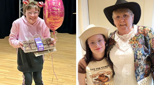 Picture of tora with a birthday cake side by side with a pic of tora and her carer lesley