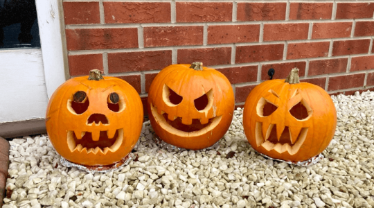 Three orange pumpkins outside - all carved with different faces and designs