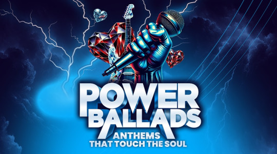 graphic saying Power Ballads and a hand holding microphone