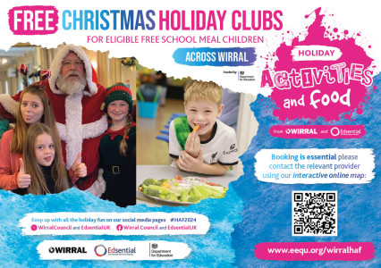 Picture of children smiling with father christmas surrounded but blue and pink graphics reads 'free Christmas holiday clubs for eligible free school meal children across wirral'