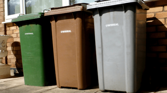 Picture of green, brown and grey wheelie bins