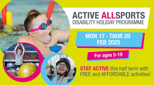 Active allsports disability holiday programme graphic with pictures of children enjoying sports and activities