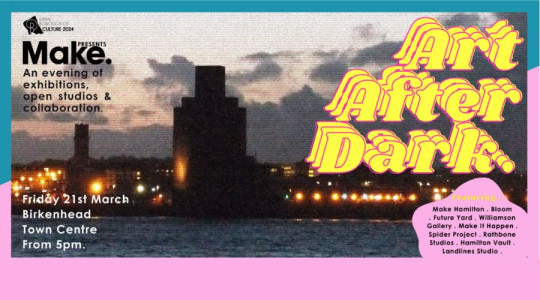 Graphic with the words Art After Dark over a photo of the Woodside waterfront at dusk