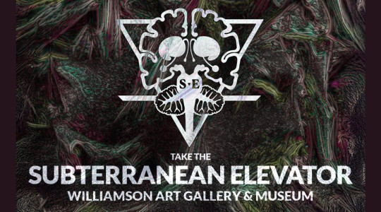 Subterranean Elevator logo with the words: Take the Subterranean Elevator. Williamson Art Gallery & Museum