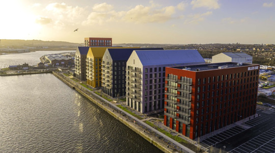 Millers Quay - drone image of the buildings on the dockside, taken February 2025