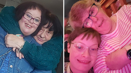 two side by side pics of shared lives carers and the people they support, smiling