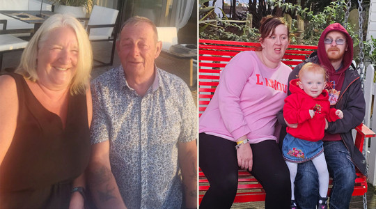 Side by side photos of two smiling carers and the young family they supported