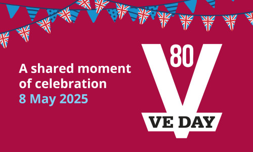 Graphic with the official VE Day anniversary logo and the words A shared moment of celebration. 8 May 2025