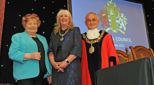 Photo of outgoing Mayor, Councillor Cherry Povall JP, Mayoress Helen Kenny and the Mayor of Wirral Councillor Brian Kenny