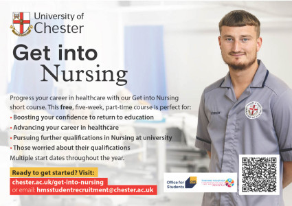 An advert offering a free 'Get into Nursing' training course. The ad shows a male nurse smiling and includes details of how to apply.